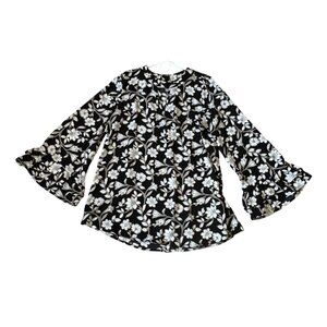 Suzanne Betro Womens Floral Long Bell Sleeve Blouse M Black White Cottagecore